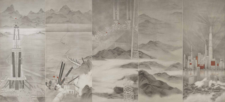 138-《西電東(dong) 送?西氣東(dong) 輸工程》-劉萬(wan) 鳴、裴書(shu) 鴻、於(yu) 東(dong) 升、籍洪達-中國畫-310 cm×735 cm .jpg